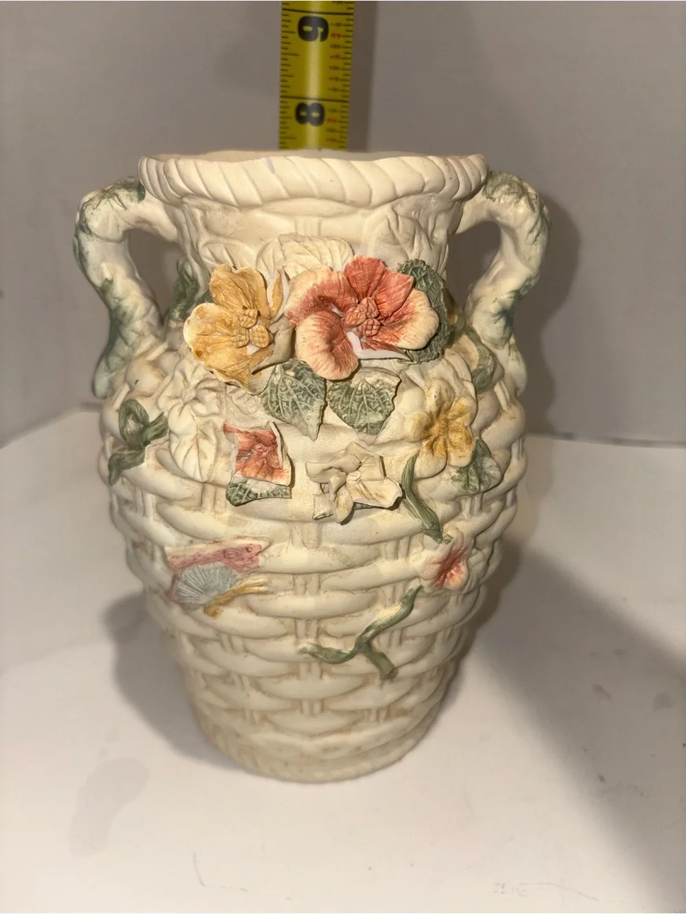 Vintage Cream Ceramic Basketweave Vase with Floral Appliqués